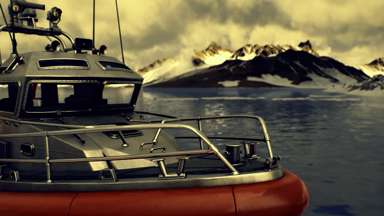 Rescue boat positioned on calm waters near snow capped mountains