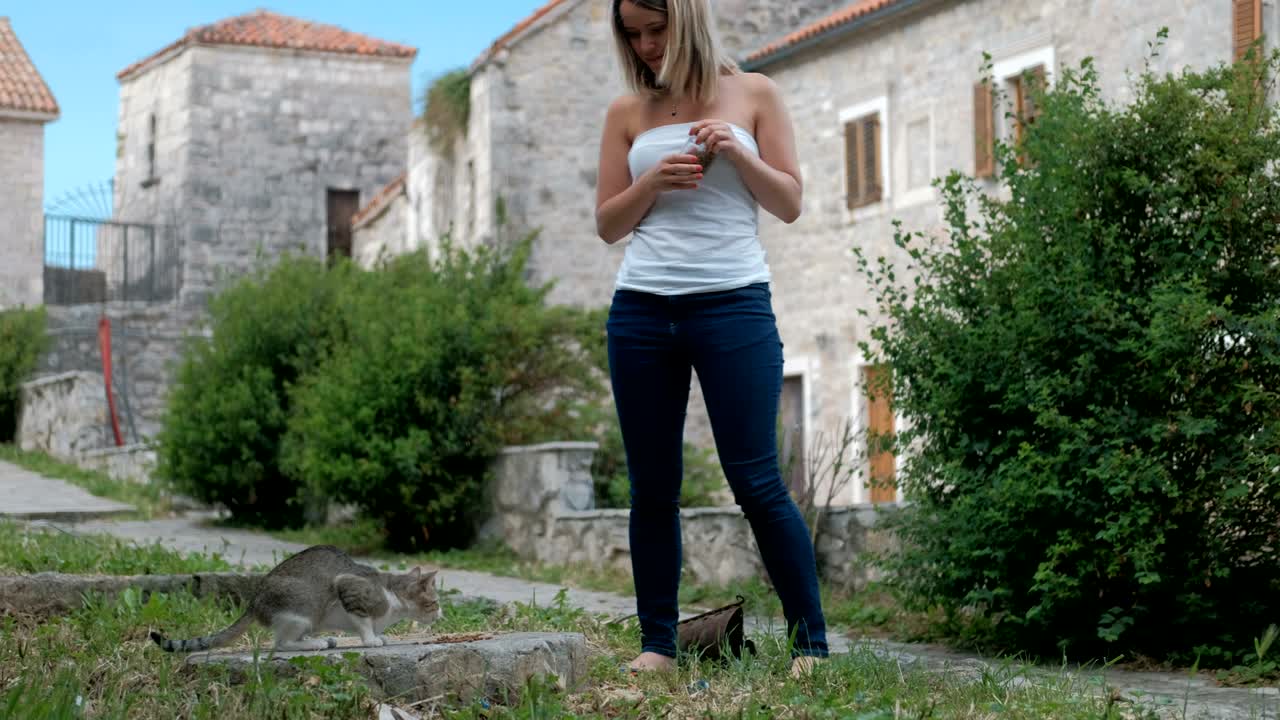 Junge Frau füttert Katze, steht draußen an einem Sommertag. Sie schüttet vorsichtig Trockenfutter aus einem Glas