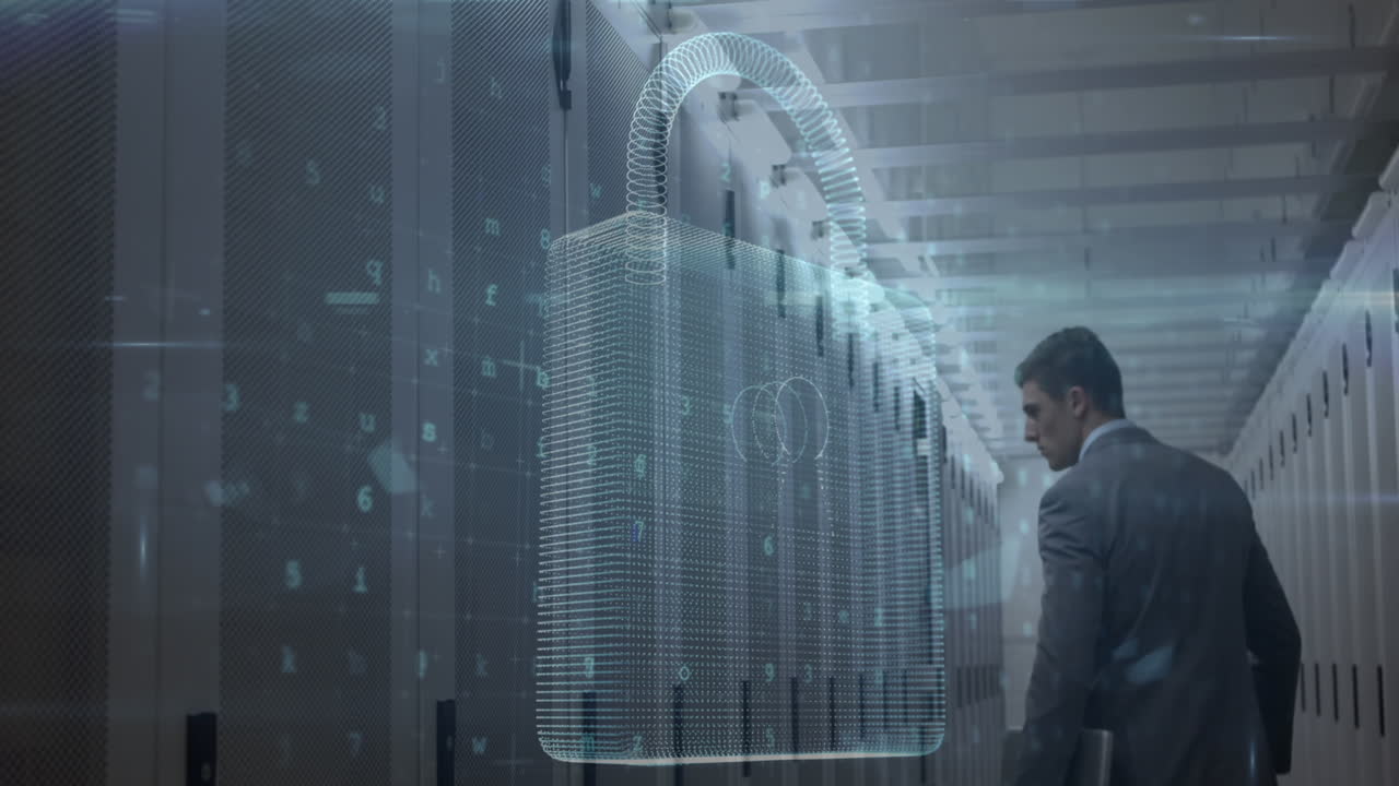 Animazione di elaborazione dati su server informatici e un uomo d'affari caucasico.