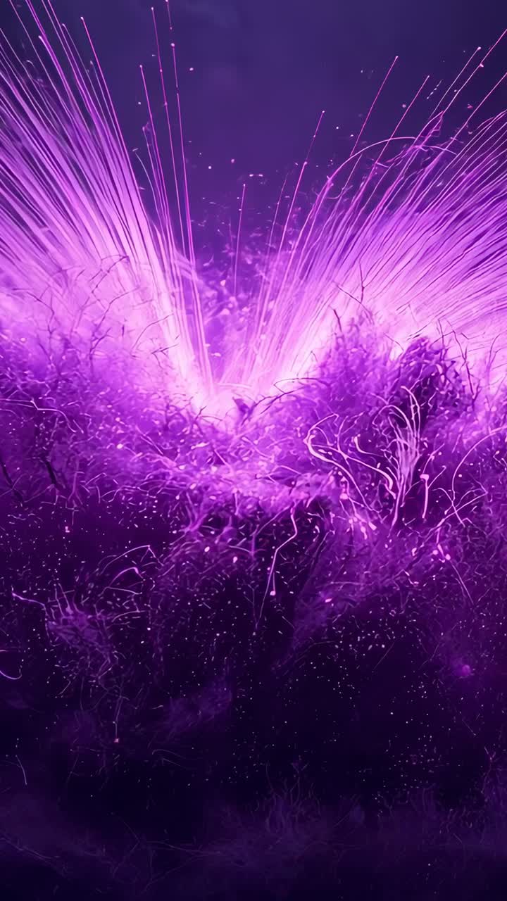 Vertical video: Brightening core driving purple energy filaments upward at dark void, smoke sparks