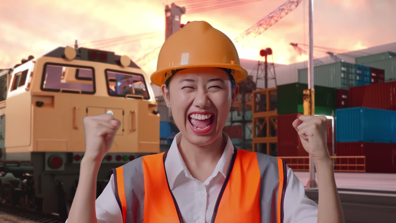 Close Up Of Asian Female Engineer With Safety Helmet Screaming Goal Celebrating Working With Freight Cargo Train At Port