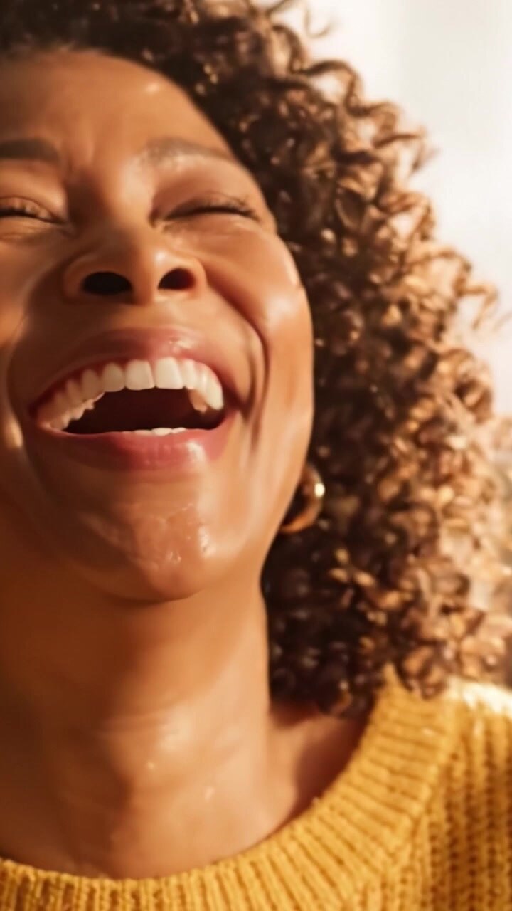 Ritratto Gioioso di una Donna Sorridente con Capelli Ricci, Catturato con Illuminazione Calda, che Evidenzia le Sue Espressioni Radiose e la Sua Bellezza Naturale