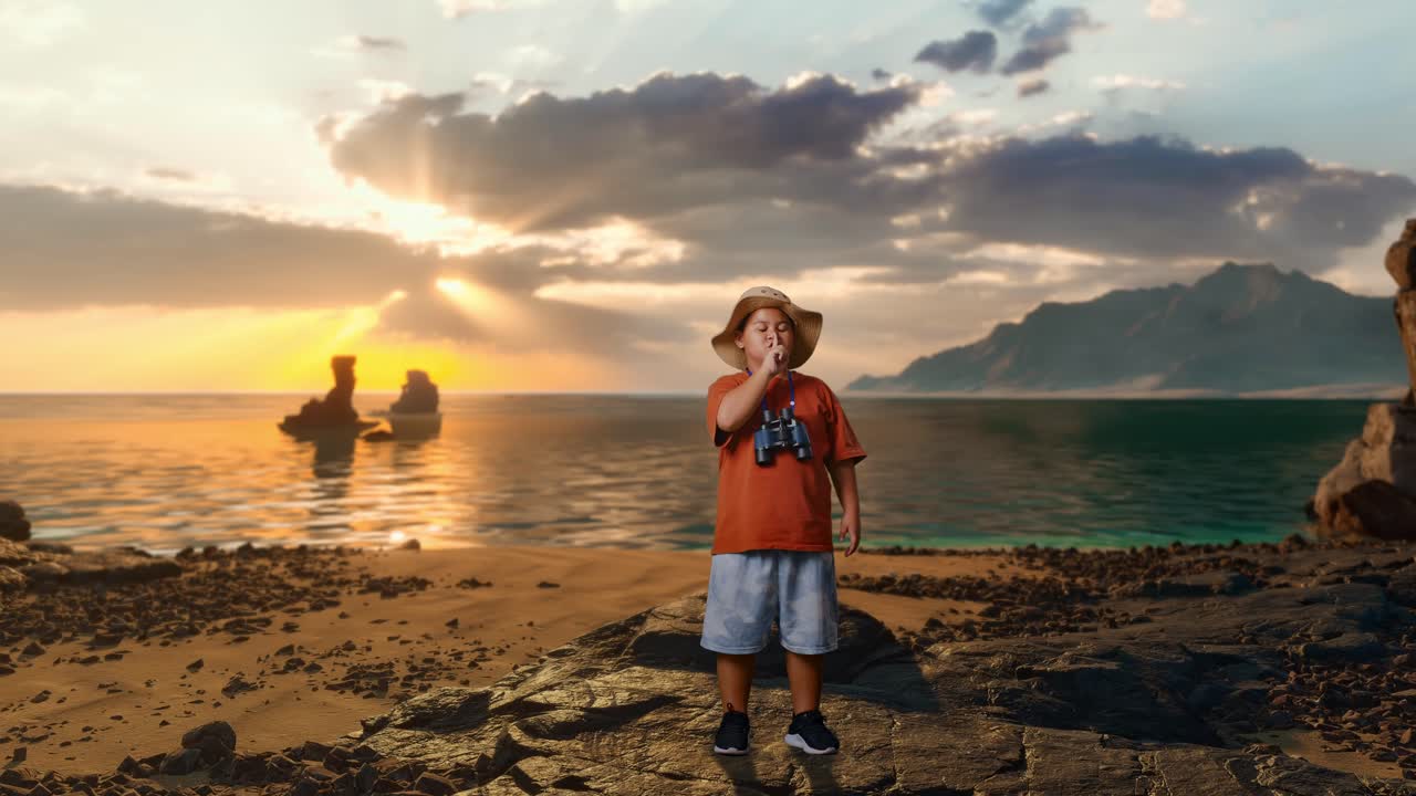 Anak Laki-Laki Asia Memakai Topi Sedang Melihat Melalui Teropong Kemudian Memberi Isyarat 'Sst' di Pantai. Anak Laki-Laki Peneliti Memeriksa Sesuatu, Konsep Petualangan Pariwisata Perjalanan, Seluruh Badan