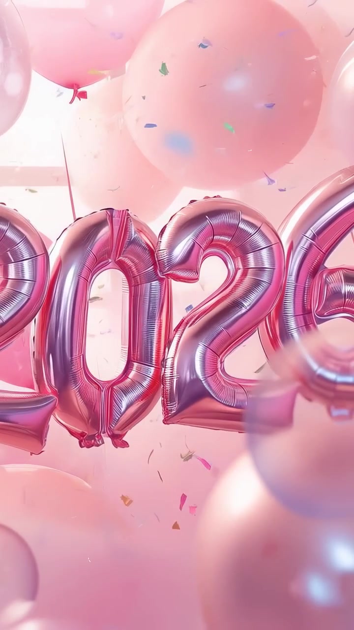 Video verticale: Palloncini in lamina 2026 che ondeggiano, catturando la brezza dalla finestra in una stanza per una festa di Capodanno.