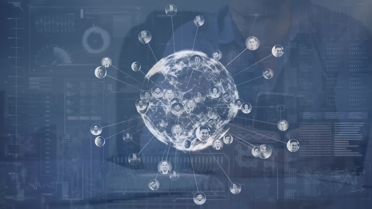 스마트 폰을 사용하는 백인 남자와 함께 해군 배경 위의 연결 및 지구의 애니메이션