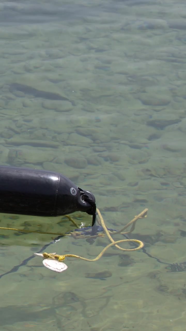 A black cylindrical buoy floats on transparent water over a rocky lake bed in Switzerland.