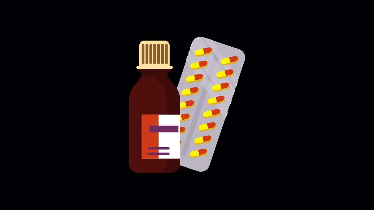 Flacone di medicinali animato e blister con pillole
