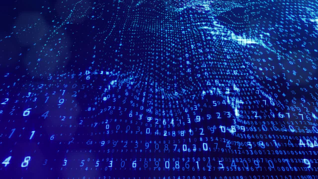 fondo de bucle 3d, concepto de procesamiento de datos digitales, cálculo y visualización de la computación. contadores de números en filas de líneas en el plano. información digital azul bg con números. bg de ciencia ficción.