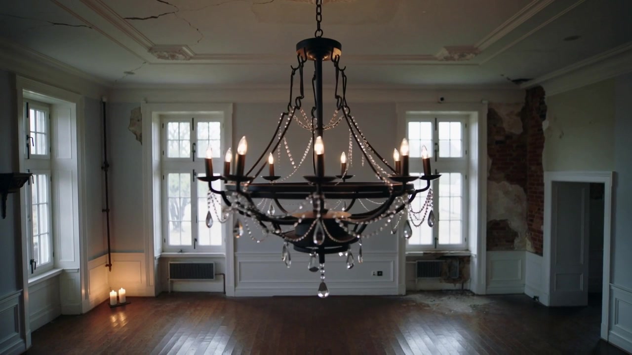 Grande lampadario in metallo e cristallo dondolante e rotante in una stanza storica, con una porta aperta che crea una corrente d'aria.