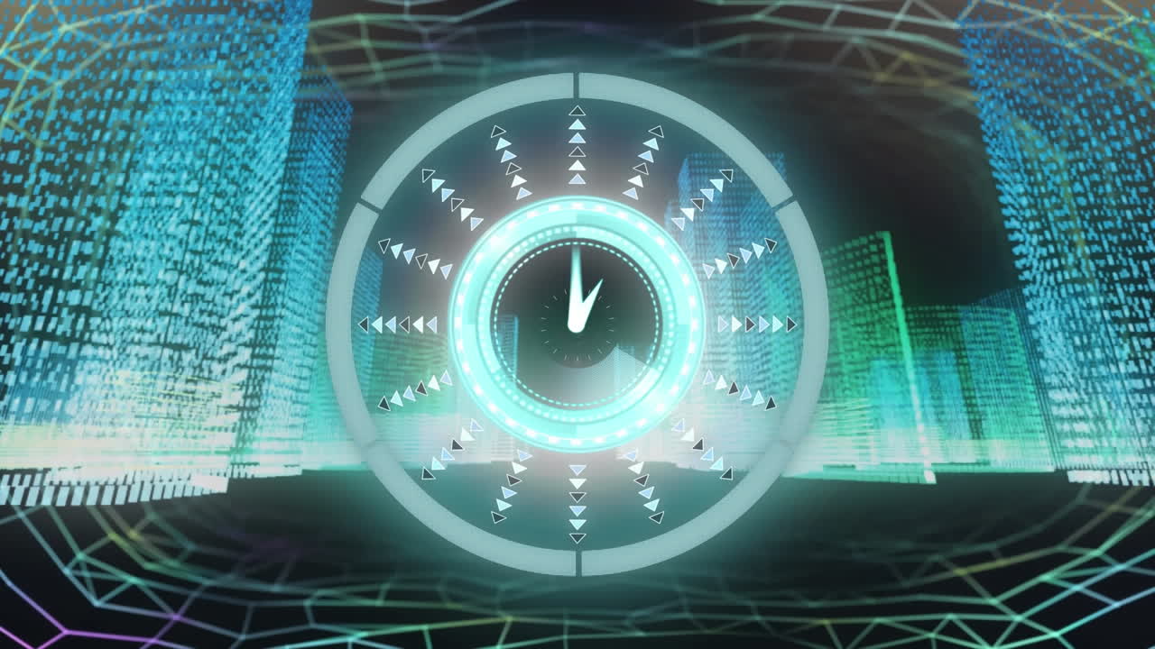 검은색 디지털 도시 풍경 배경 위의 시계와 함께 스 ⁇  스캔의 애니메이션