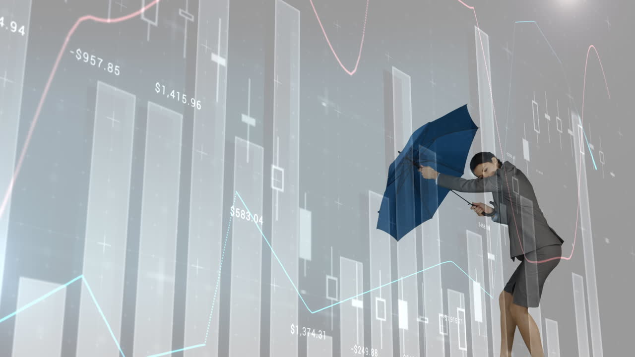 폭풍 4k에 맞서 우산을 들고 있는 사업가