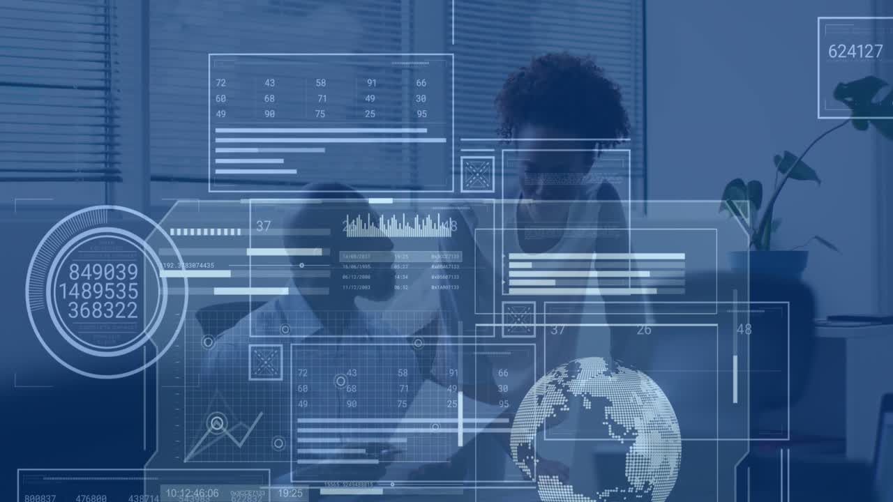 Animation of data processing over african american businessman and businesswoman discussing
