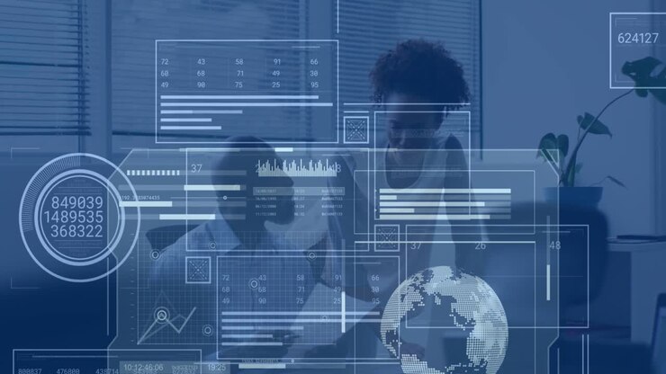 Animation of data processing over african american businessman and businesswoman discussing