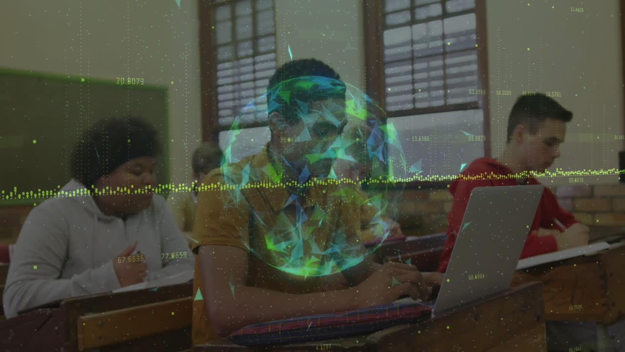 Students in classroom working on laptops with digital globe animation overlay