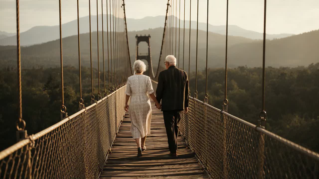 Starting senior pair walking suspension bridge to tower, woman in dress, man in jacket, wood planks