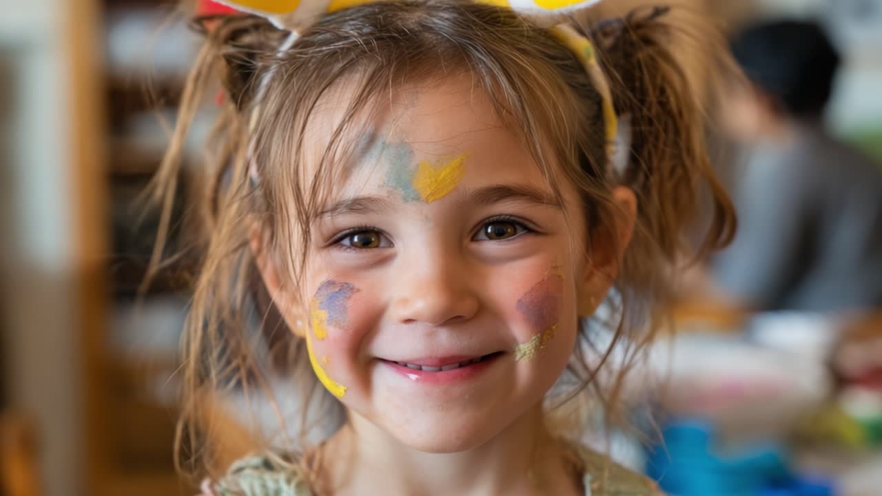 Uma Criança Alegre com Pintura Facial Colorida e Expressão Feliz, Capturada em um Momento Comovente de Brincadeira e Criatividade