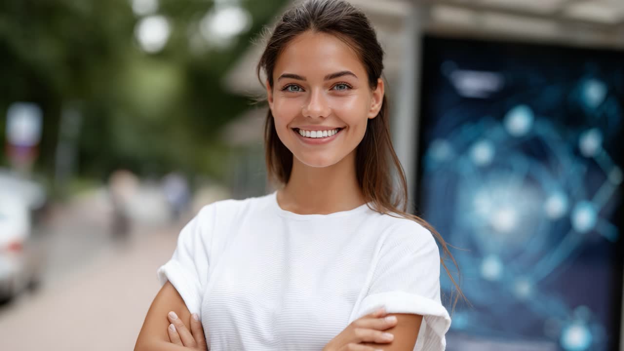A Bright and Cheerful Young Woman Smiling Outdoors, Radiating Positivity and Confidence in a Beautiful Urban Setting