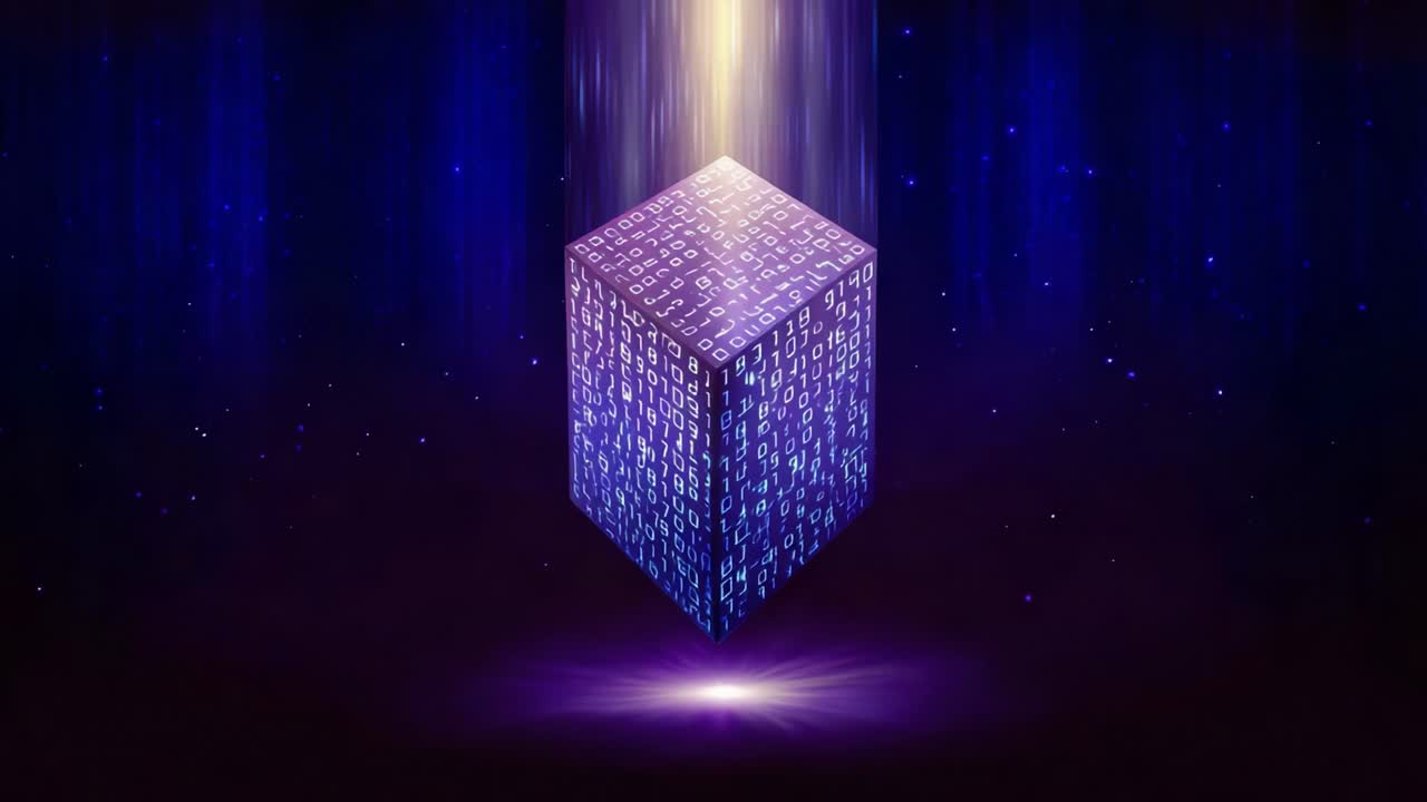 Luminous cube covered in binary code rotating and levitating inside a beam of light on a dark blue and purple background, representing blockchain technology, big data, and cryptocurrency