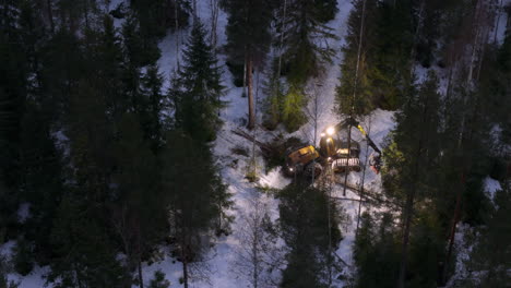 Cosechadora-Tala-Desrame-Y-Tirones-De-árboles-Al-Amanecer-En-Un-Bosque-Nevado,-Aéreo