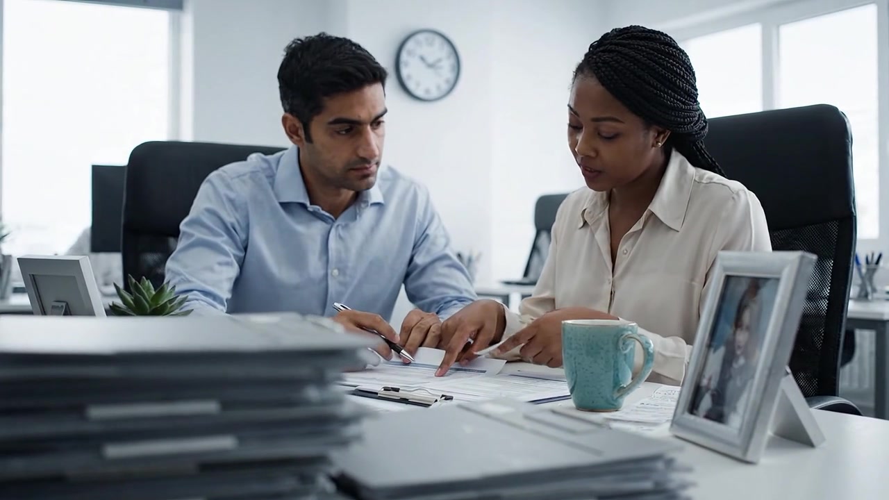 Focused Collaboration in Professional Office Setting: Two Colleagues Engaged in Important Document Review Amidst Busy Workspace and Personal Touches