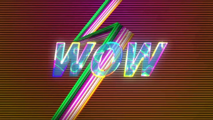 Animazione del testo "Wow" su sfondo con motivo a luci al neon