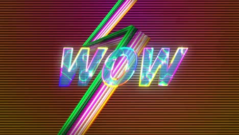 Animation-of-wow-text-over-neon-light-pattern-background