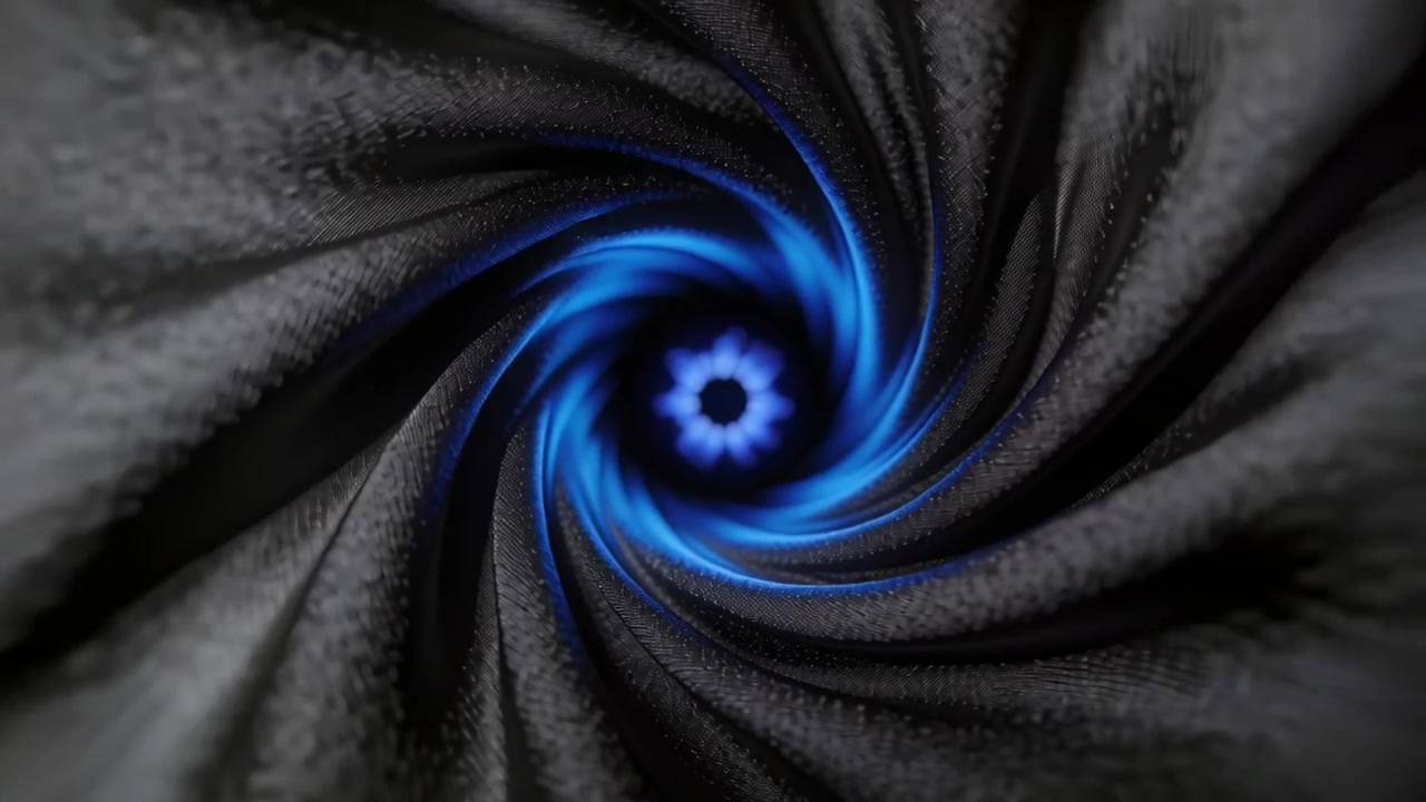 Internal drive moving central blue vortex rotating, tightening on dark folds with pulsing ring core