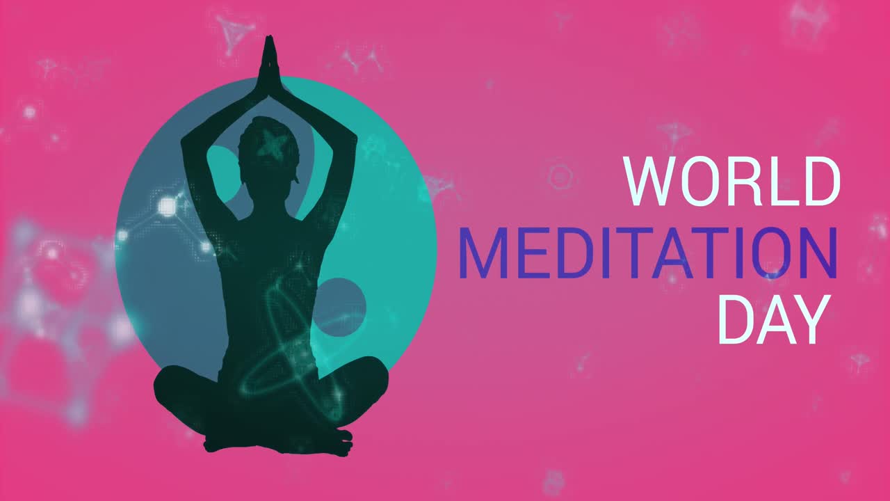 Animazione di strutture molecolari e testo "Giornata della Meditazione" su sagoma di donna in posizione yoga.