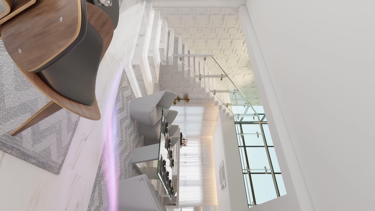casa inteligente moderna sala de estar loft con animación de flujo de energía inteligente que fluye subiendo las escaleras ai concepto inteligente artificial en el estilo de vida de casa inteligente