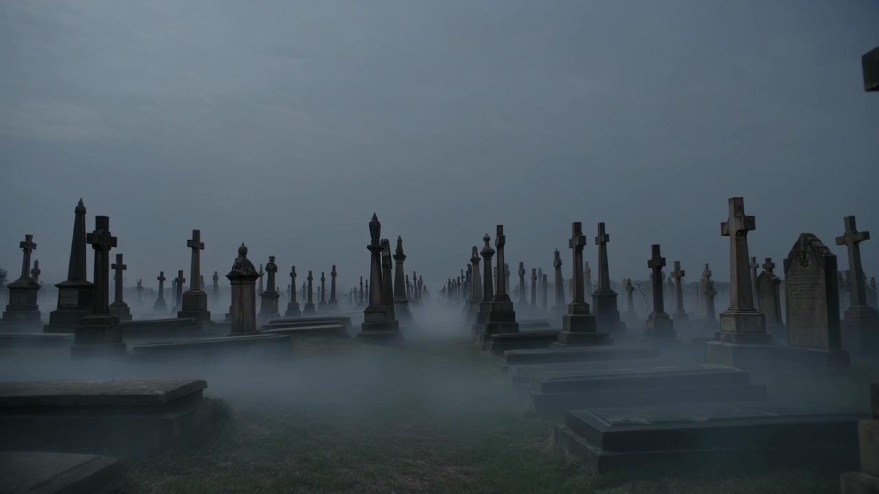 Telecamera che avanza attraverso un cimitero storico, rivelando croci di pietra e nebbia bassa, guidando lo sguardo.