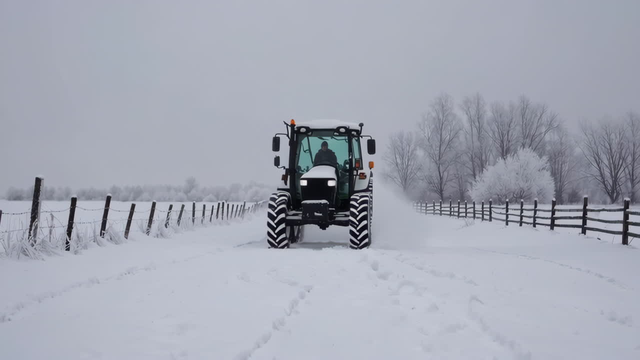 Tractor driving on a snowy winter road