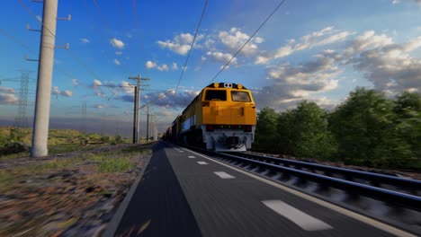 a freight train hauls shipping containers through the landscape, sunset and blue sky