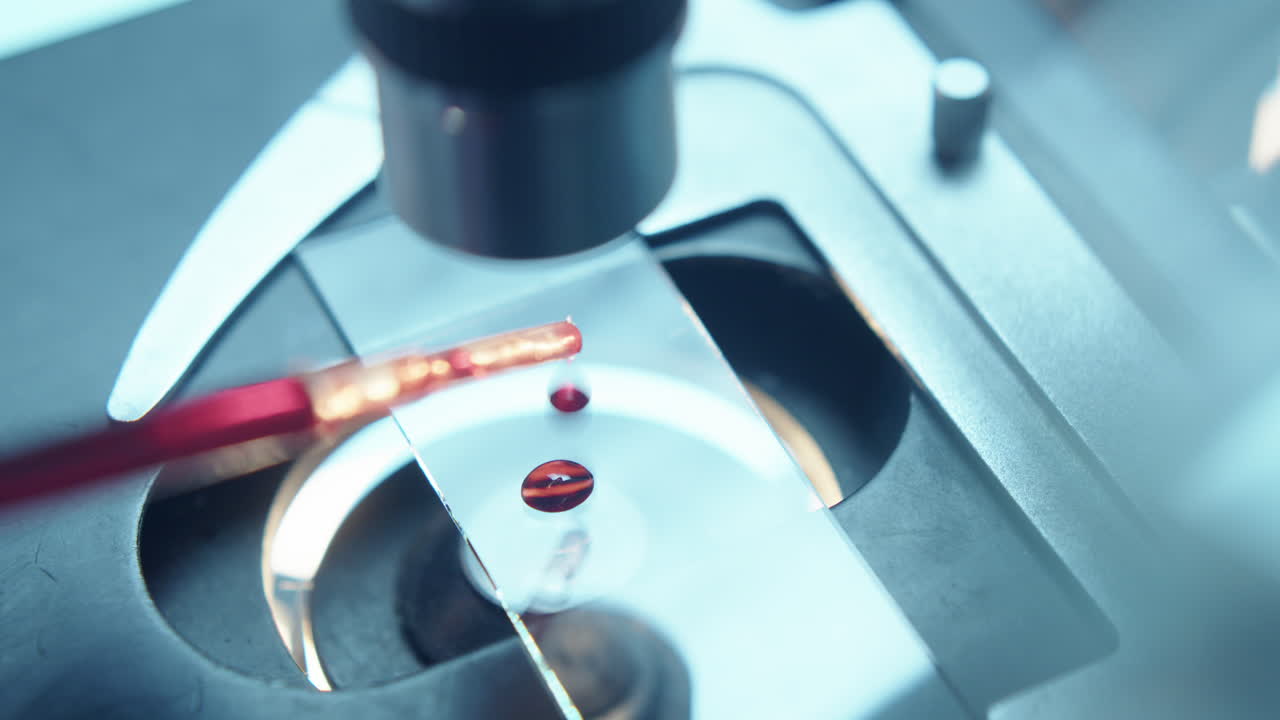 Dripping Sample of Blood on Glass Slide of Microscope in Laboratory