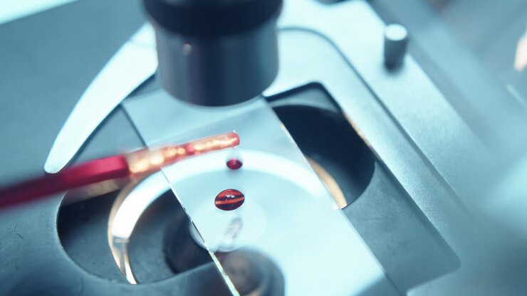 Dripping Sample of Blood on Glass Slide of Microscope in Laboratory