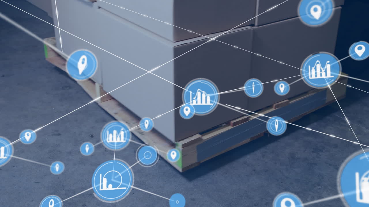 animación de redes de conexiones e iconos sobre cajas en un almacén vacío