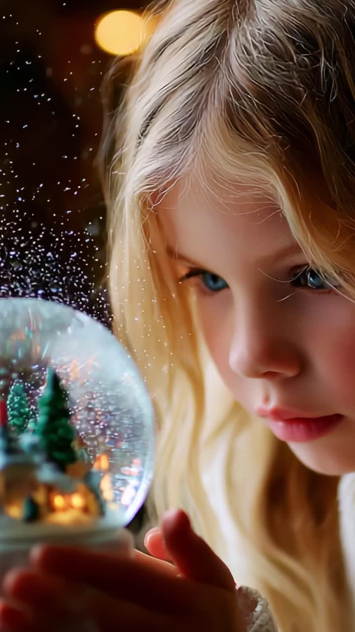 A mesmerized child gazes intently at a beautifully crafted snow globe, filled with miniature trees and a warm glow, embodying the enchanting spirit of the holiday season through magical moments