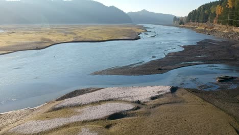 aerial drone footage towards the end of summer at alder lake in washington state usa