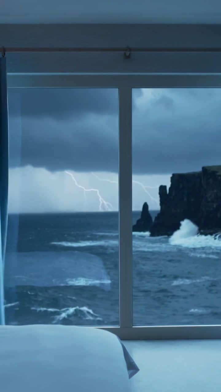 Vertical video: Flashing lightning lighting stormy coast via sliding bedroom door, curtains moving
