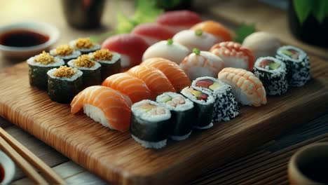 sushi assortment rotating on a wooden board, showcasing a variety of nigiri, maki, and other japanese delicacies, accompanied by a small bowl of soy sauce