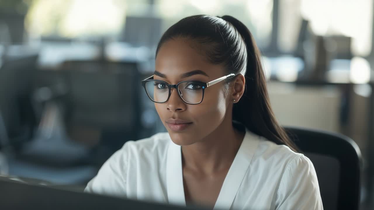 Noticing camera, woman in white blouse and clear glasses meeting gaze at office desk with monitor
