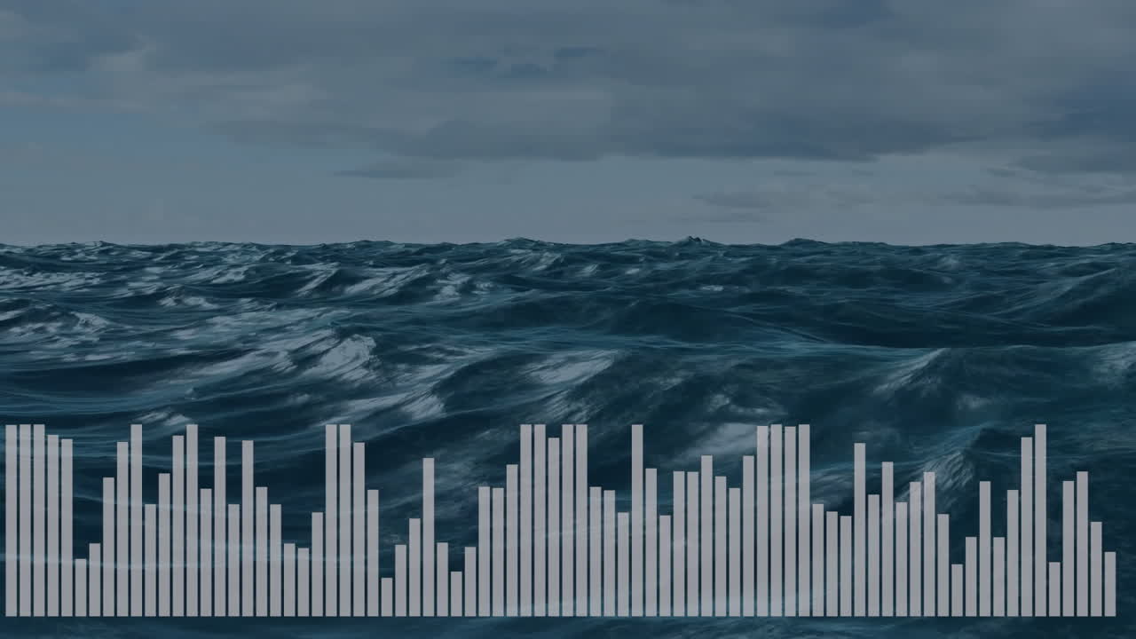 Rough ocean surface being animated with rolling waves to horizon, showing translucent audio bars