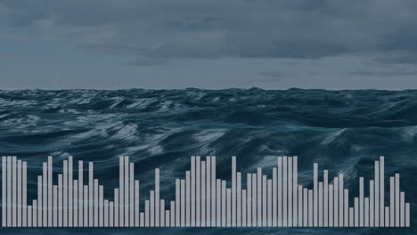 rough ocean surface being animated with rolling waves to horizon, showing translucent audio bars