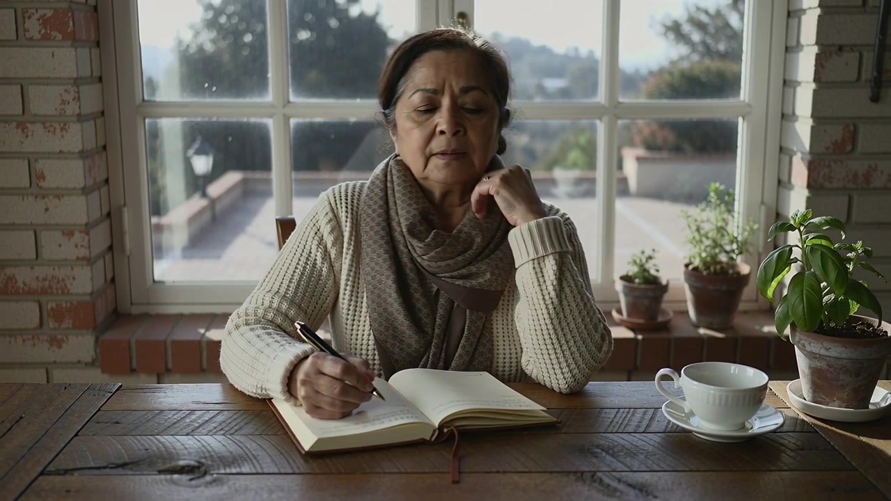 Leaning forward senior woman journaling in notebook with pen at table by window, wearing scarf
