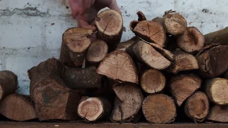 caucasian placing firewood logs onto wood pile in front of white brick wall