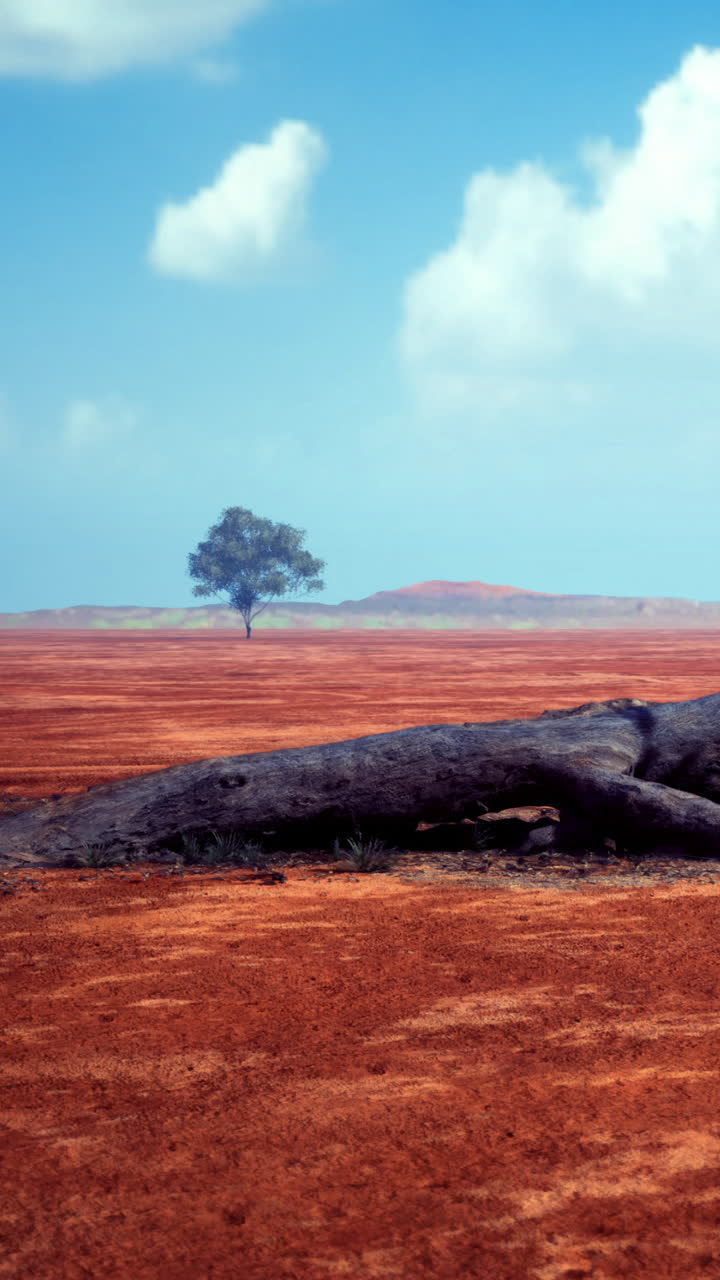 Paisagem seca com uma única árvore e um tronco caído sob um céu azul