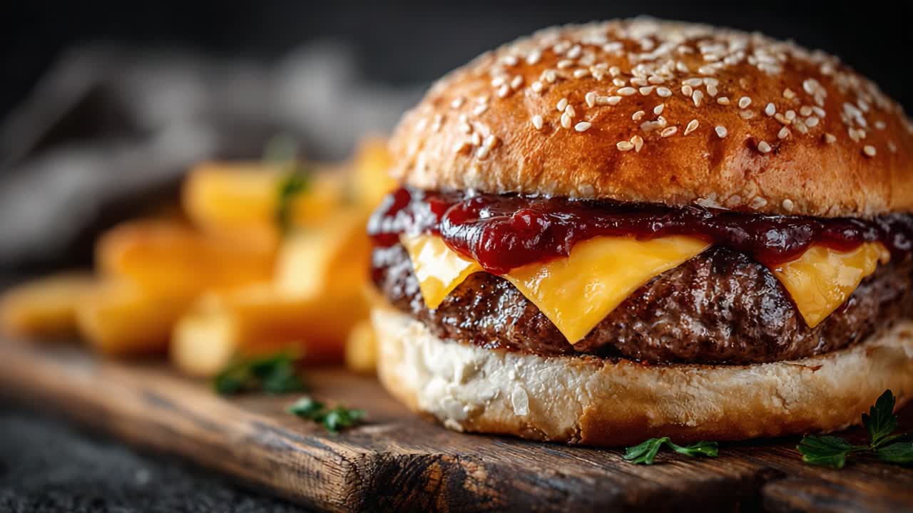 En lækker cheeseburger med smeltet ost, fyldig barbecuesauce og et sesambolle, ledsaget af sprøde, gyldne pommes frites, perfekt til enhver madelsker