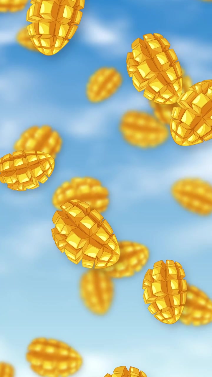 Cubetti di mango affettati cadono attraverso un cielo blu brillante con nuvole bianche e soffici.