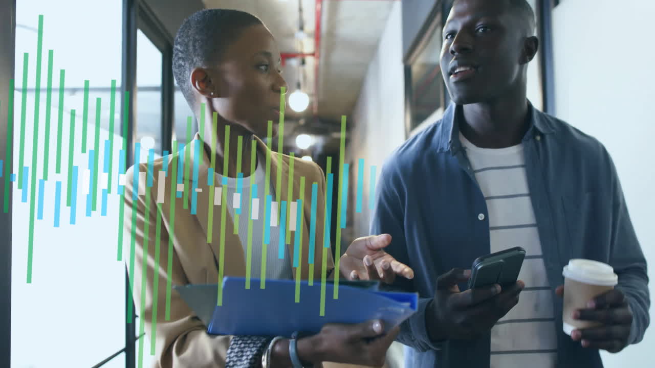 Animation of financial data processing over diverse businesspeople working in office