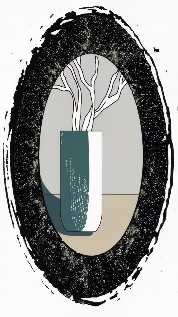 Stylized Illustration of Vase with Branches in Distressed Oval Frame