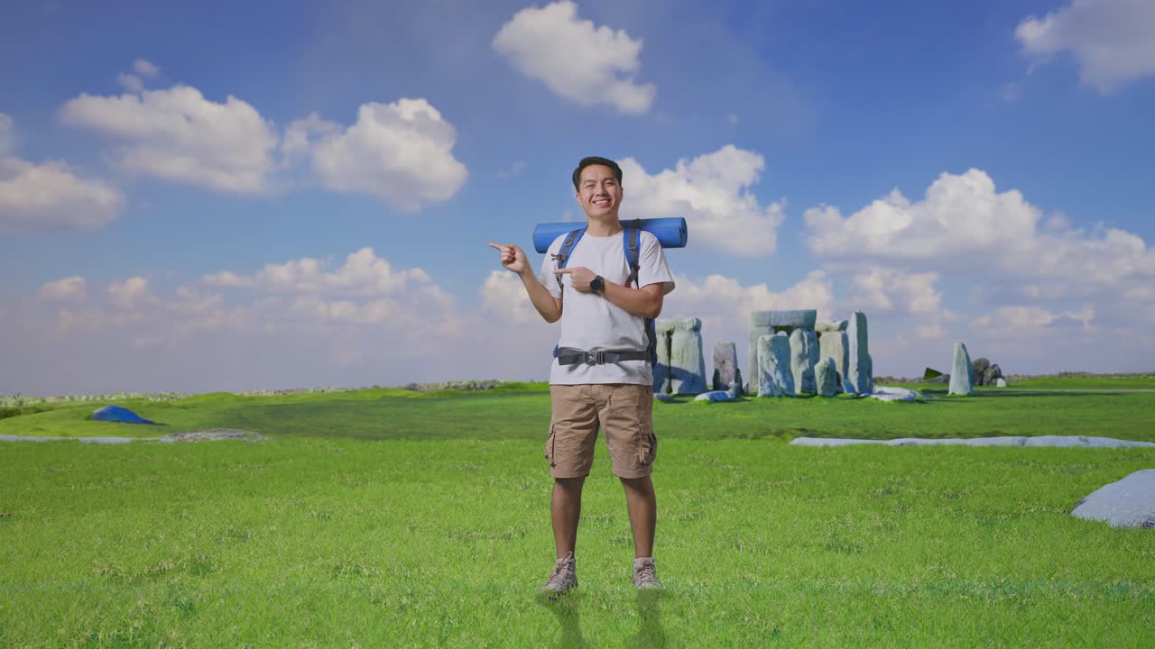 Smiling Tourist with Backpack Points to Stonehenge